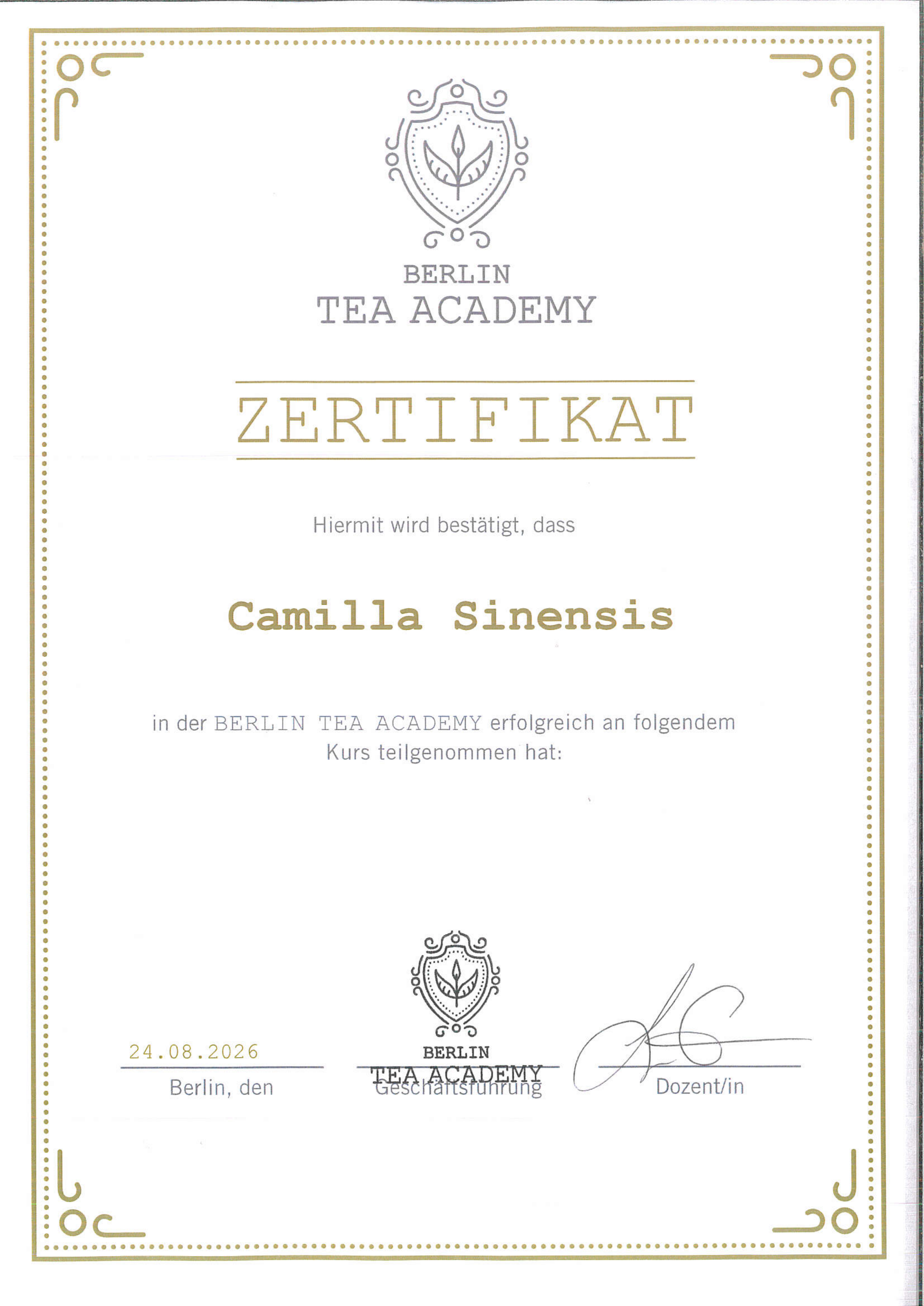 Zertifikat Tea Sommelier der Berlin Tea Academy