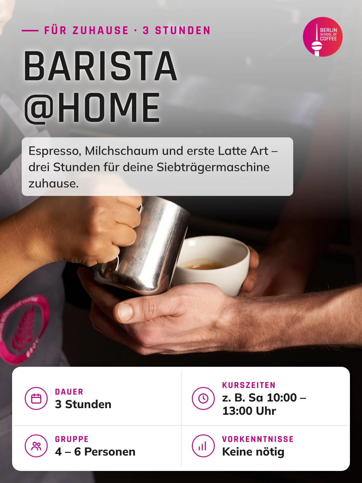 Barista@Home – Kurs an der Berlin School of Coffee in Berlin: Dauer, Kurszeiten, Gruppengröße und Abschluss