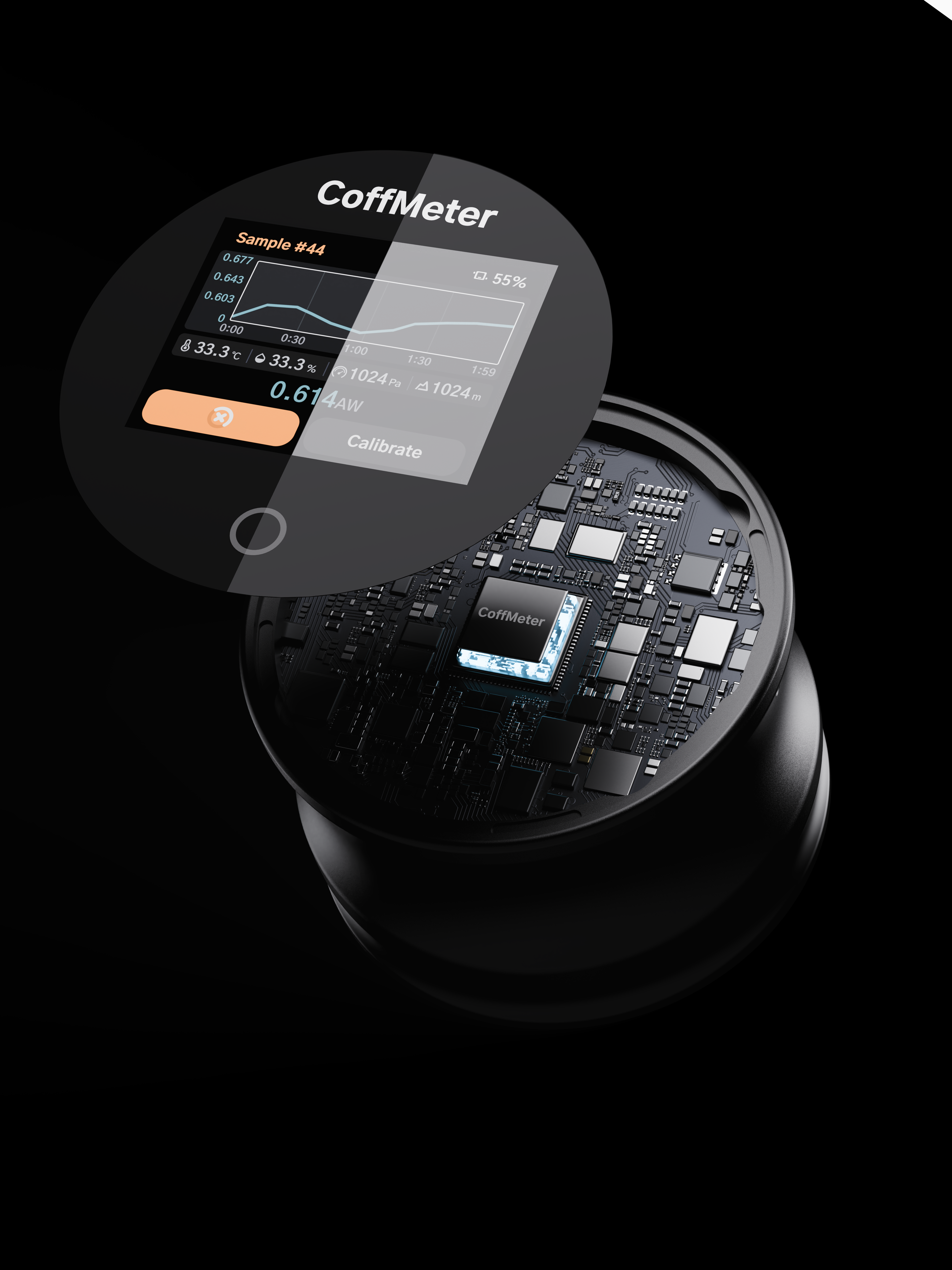 DiFluid CoffMeter W1 mit Probenbehälter und Magnetbasis