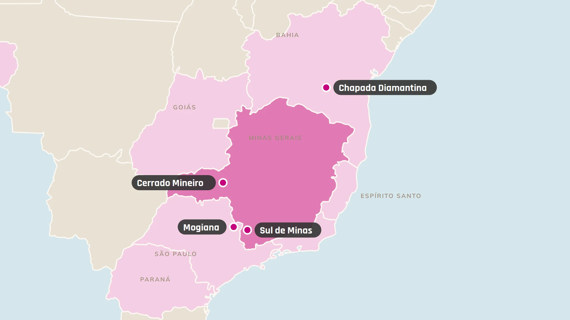 Karte Südost-Brasiliens mit den Kaffeeregionen Sul de Minas, Cerrado Mineiro, Mogiana und Chapada Diamantina