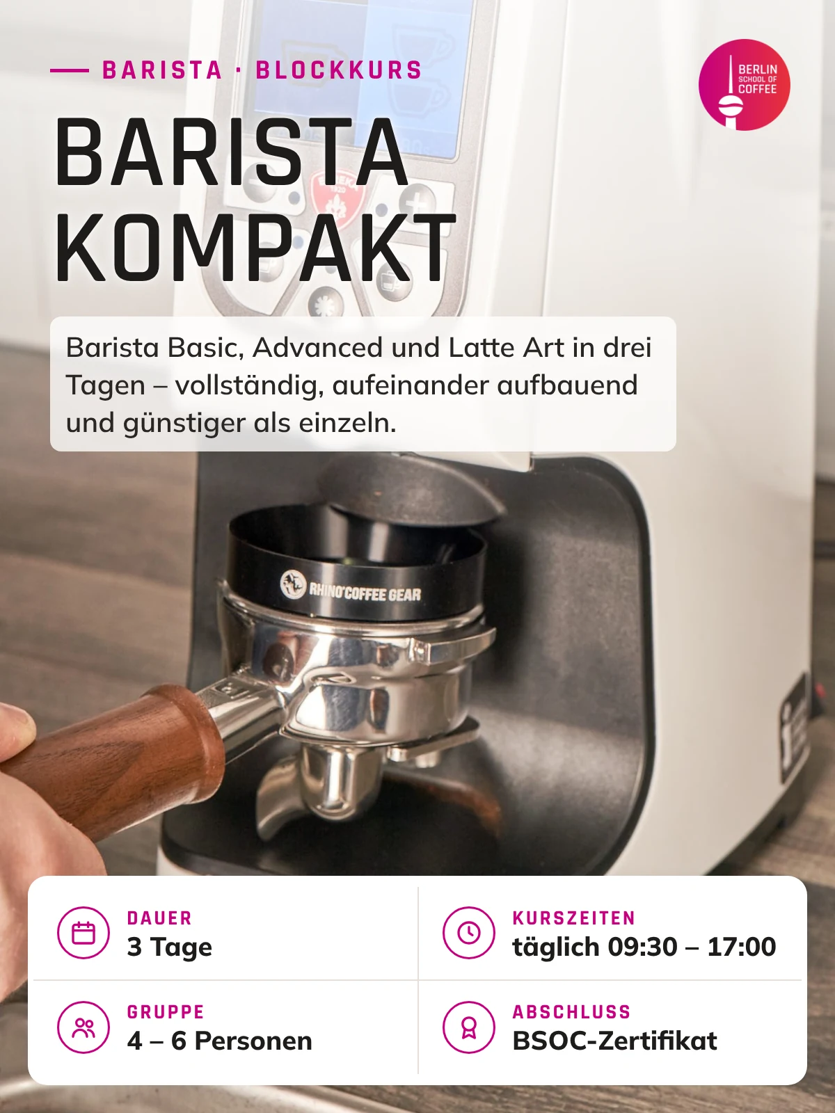Barista Kompakt – Kurs an der Berlin School of Coffee in Berlin: Dauer, Kurszeiten, Gruppengröße und Abschluss