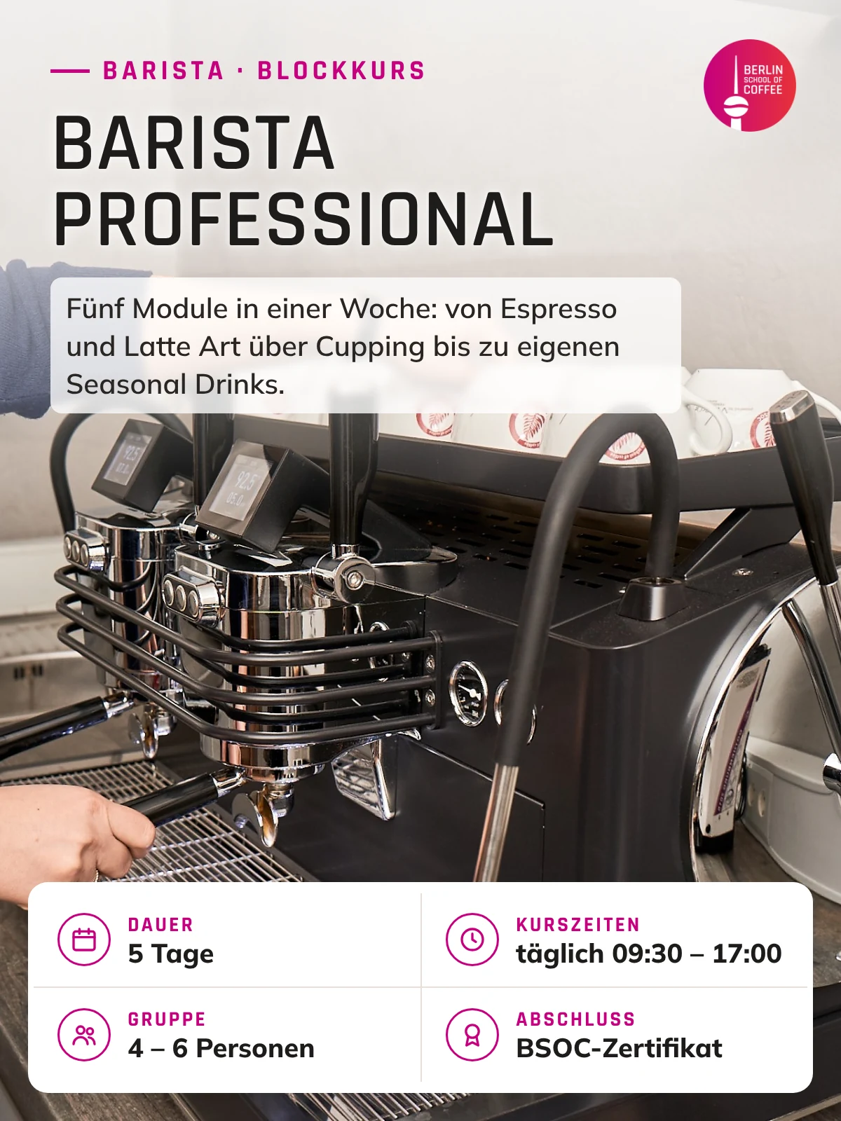 Barista Professional – Kurs an der Berlin School of Coffee in Berlin: Dauer, Kurszeiten, Gruppengröße und Abschluss