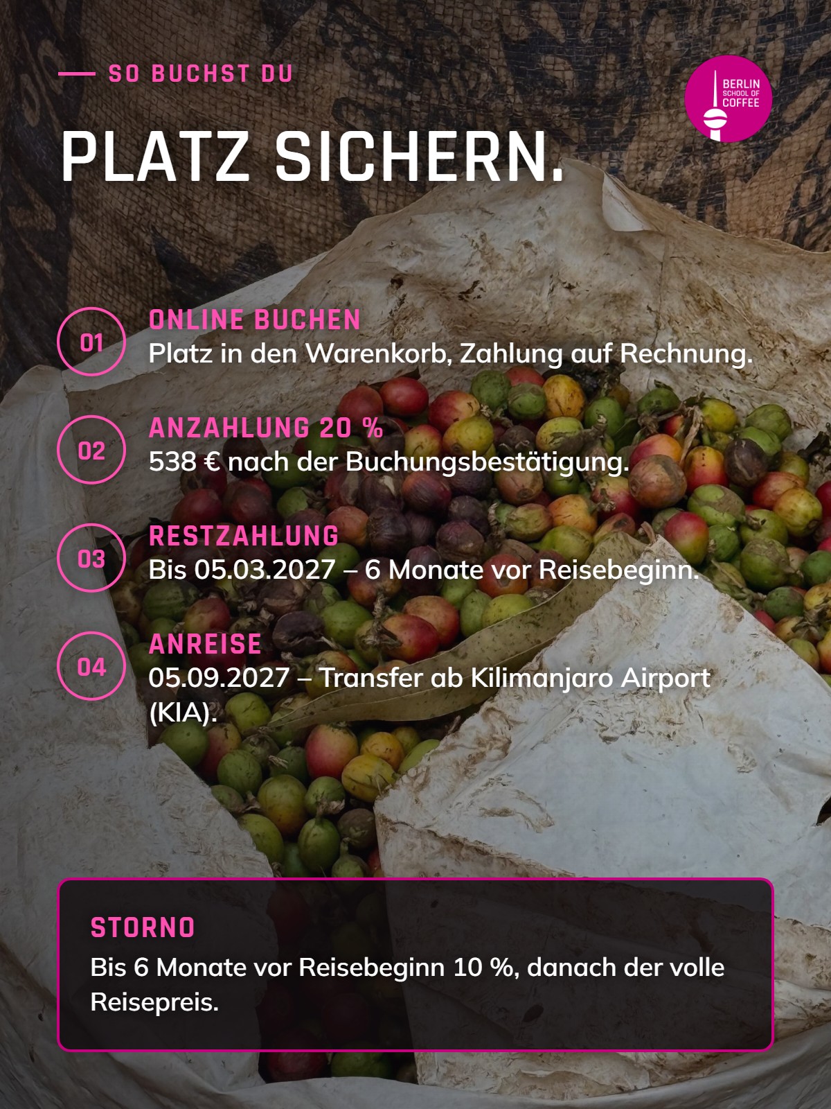 Buchung Tansania Coffee Trek: 20 % Anzahlung, Restzahlung bis 05.03.2027