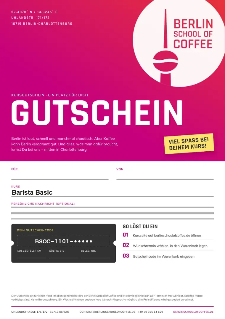 Kursgutschein Barista Basic – Berlin School of Coffee
