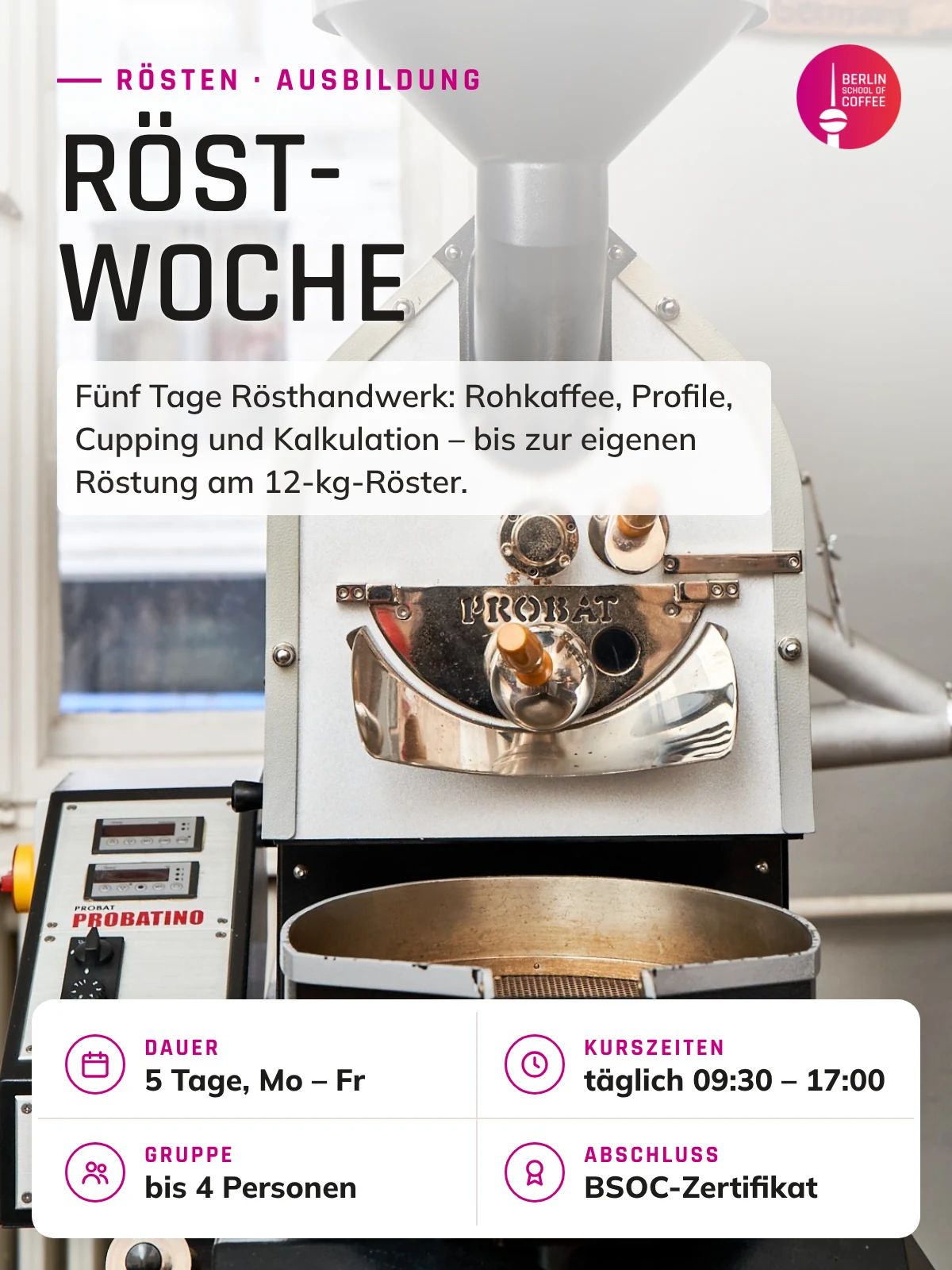 Röstwoche – Kurs an der Berlin School of Coffee in Berlin: Dauer, Kurszeiten, Gruppengröße und Abschluss