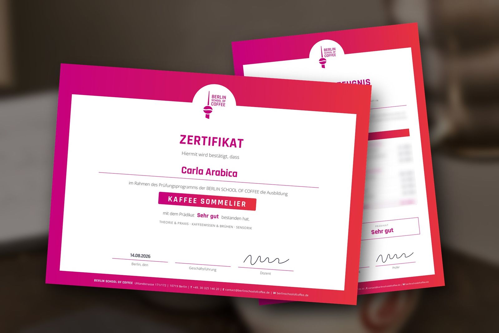 Muster: Zertifikat und Abschlusszeugnis Kaffee Sommelier der Berlin School of Coffee