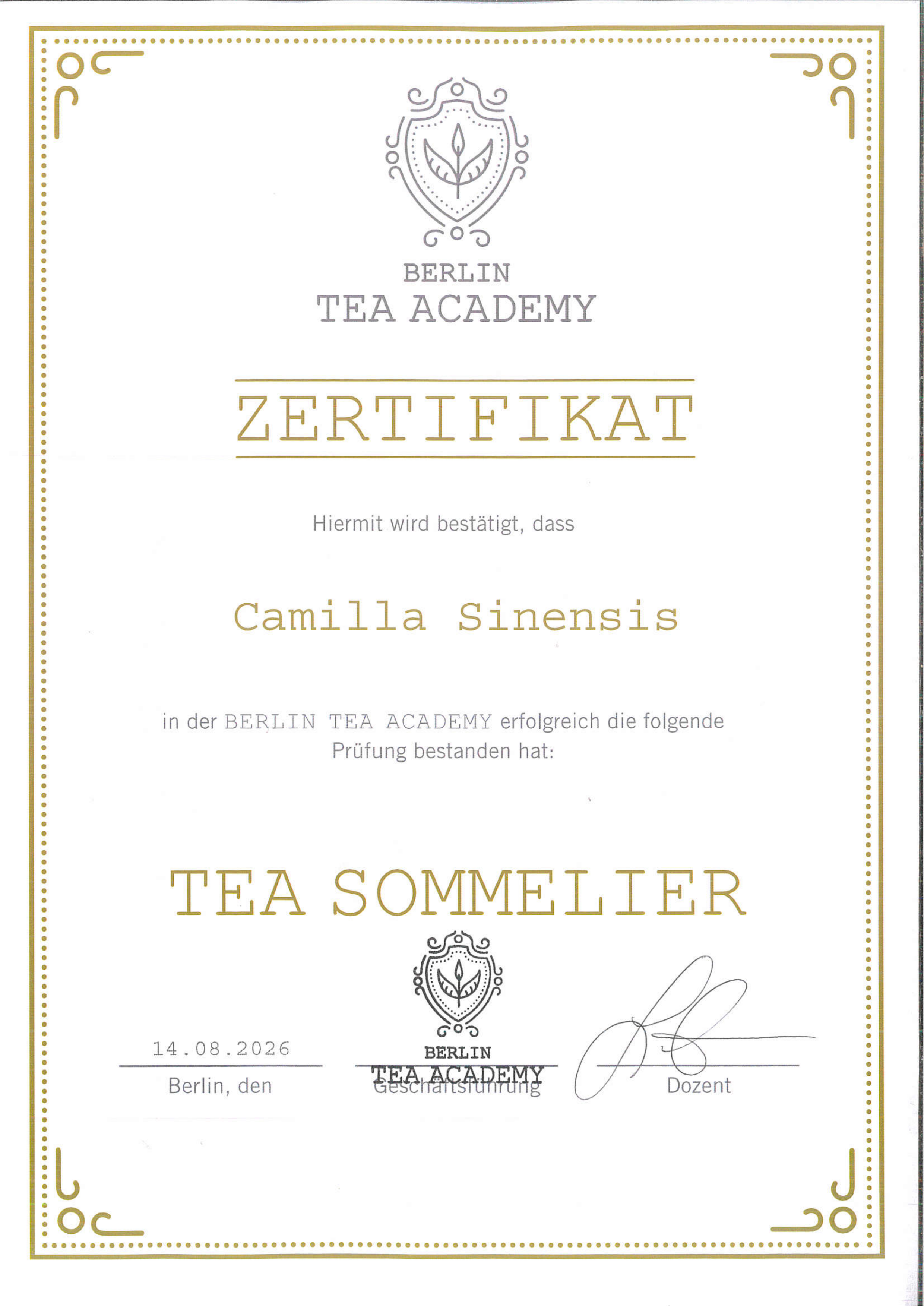 Zertifikat Tea Sommelier der Berlin Tea Academy