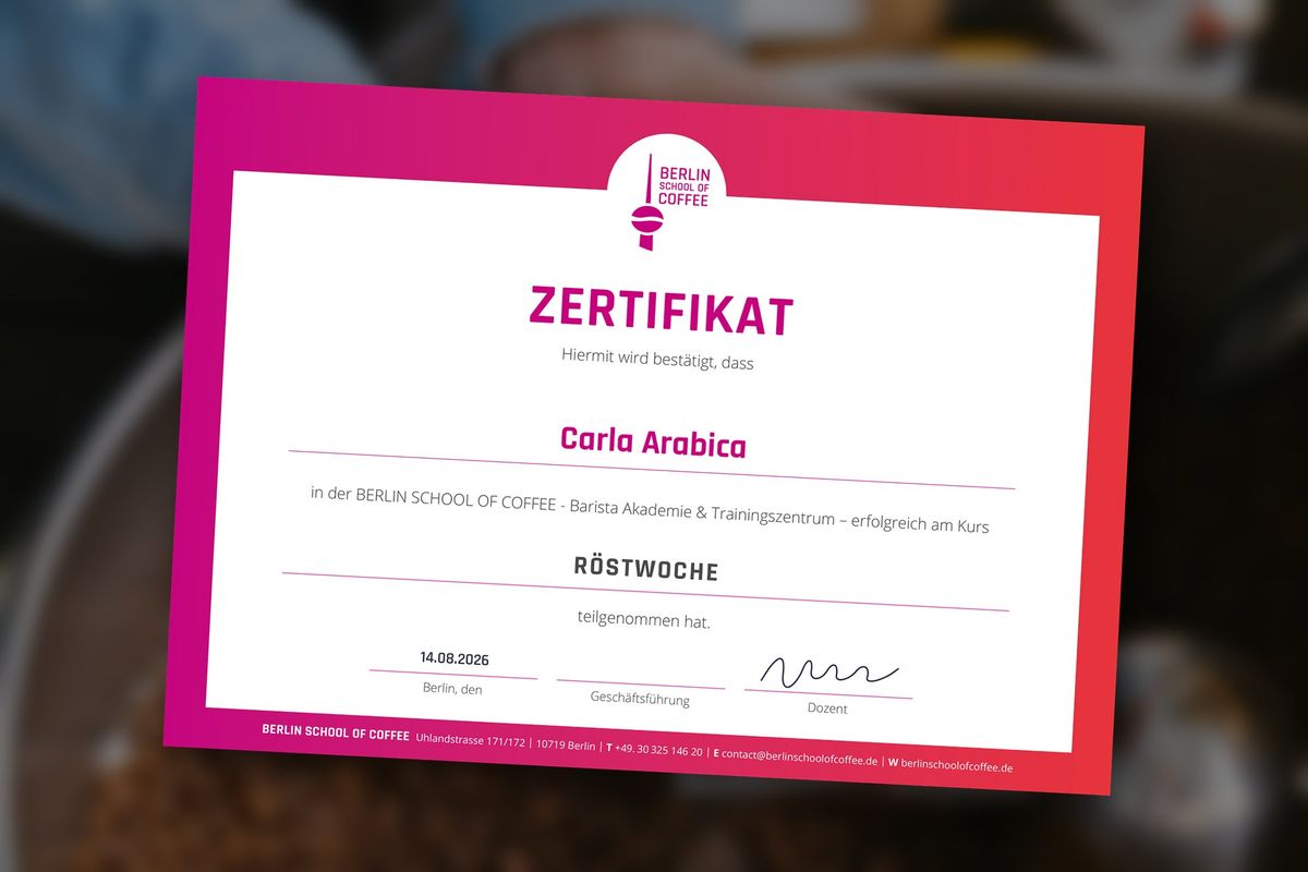 Muster: Zertifikat der Berlin School of Coffee für die Röstwoche