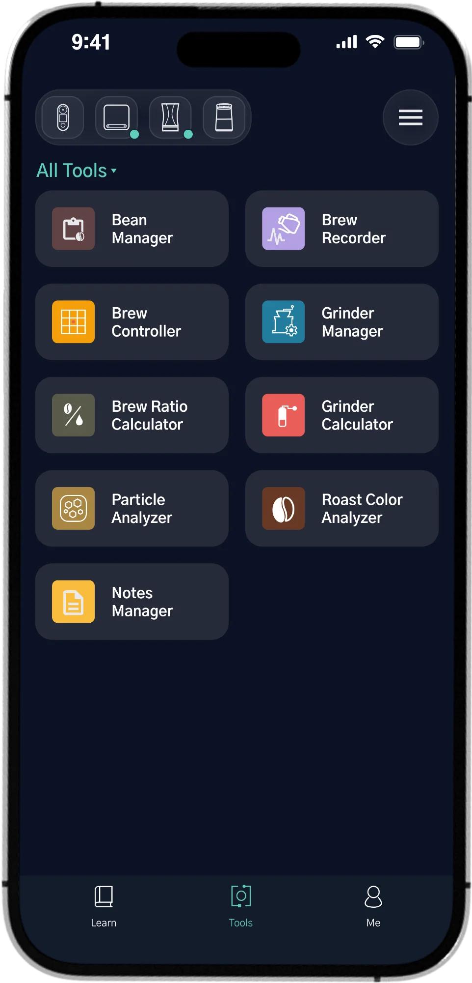CoffeeOS App auf dem iPhone: Übersicht aller Werkzeuge mit Bean Manager, Brew Recorder, Brew Controller, Grinder Manager, Brew Ratio Calculator, Grinder Calculator, Particle Analyzer, Roast Color Analyzer und Notes Manager