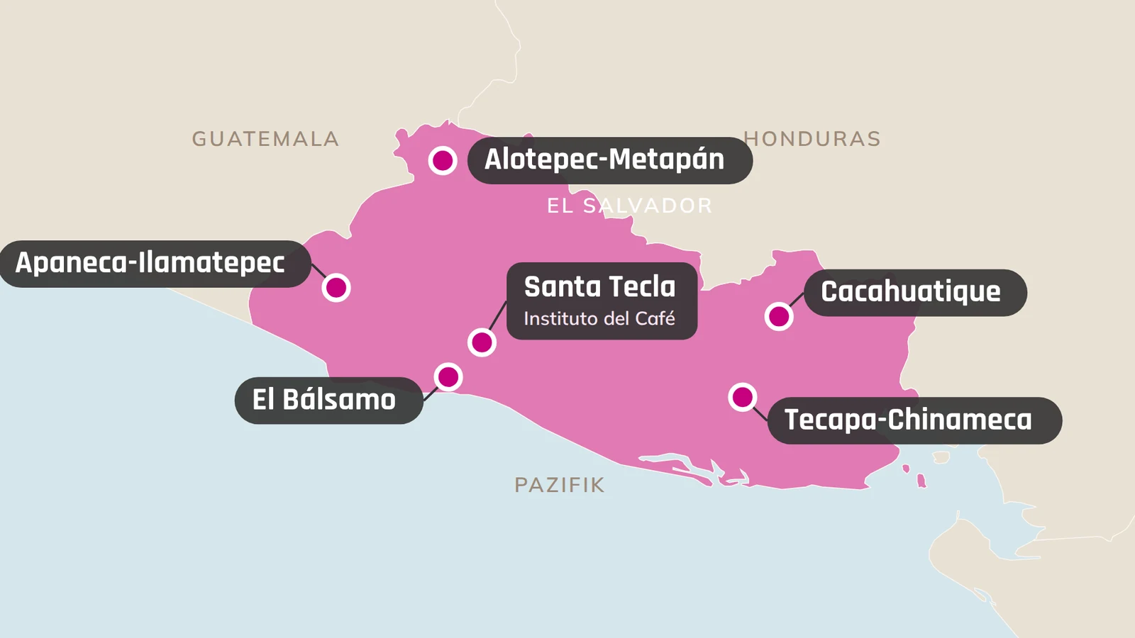 Karte von El Salvador mit den Kaffeeregionen Alotepec-Metapán, Apaneca-Ilamatepec, El Bálsamo, Tecapa-Chinameca und Cacahuatique sowie Santa Tecla
