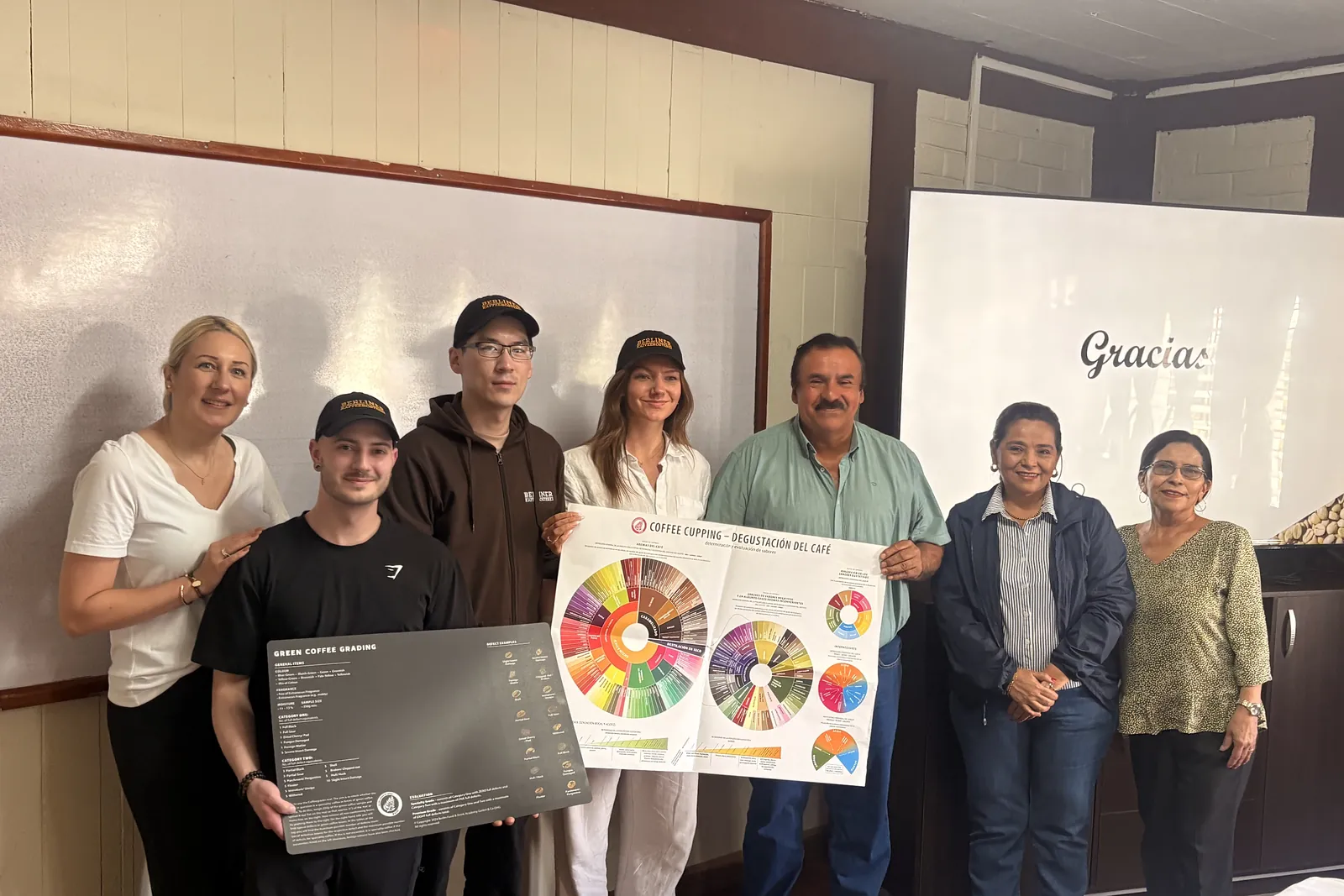 Gruppe mit Cupping-Poster nach einem Cupping in El Salvador