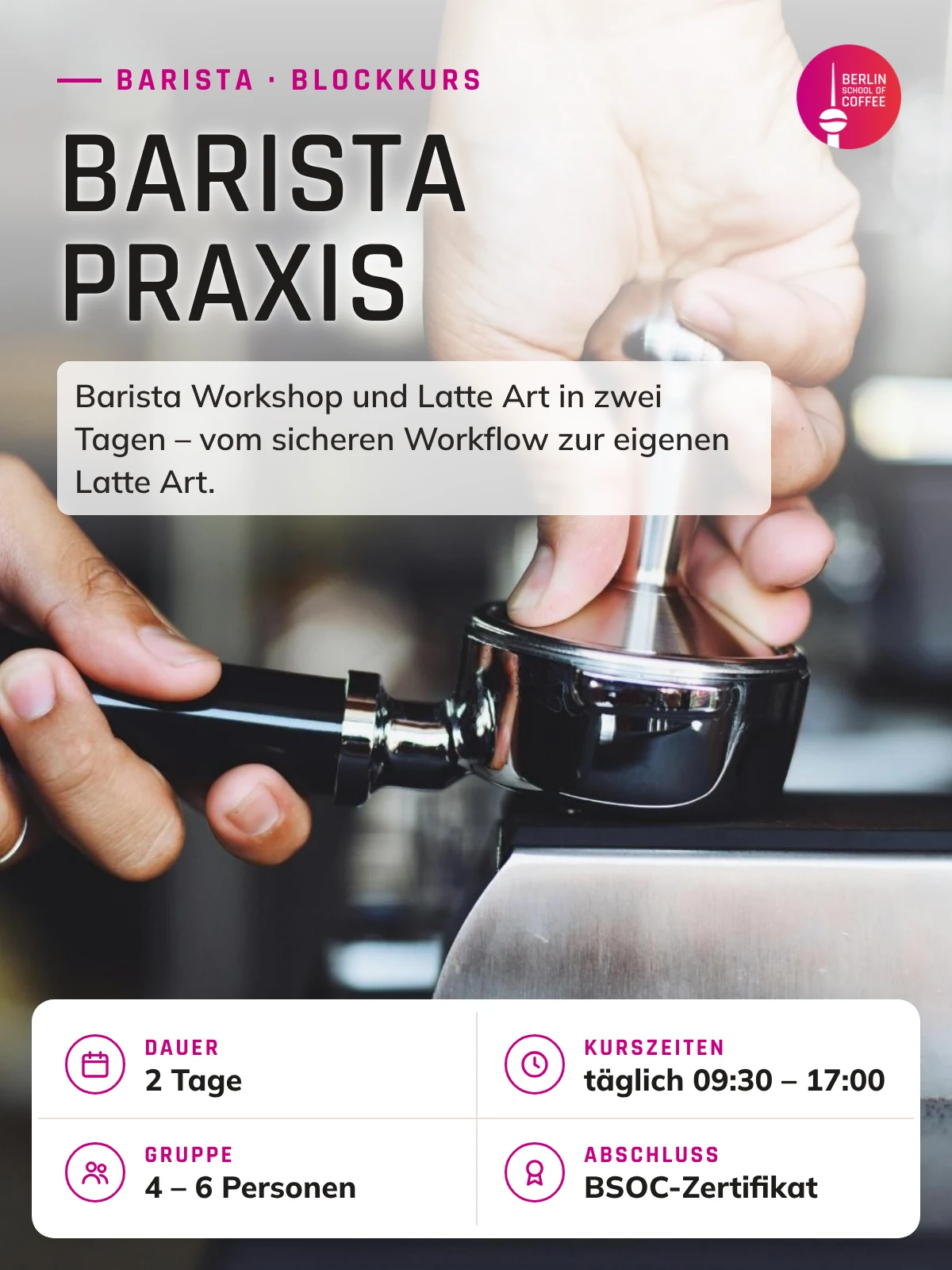 Barista Praxis – Kurs an der Berlin School of Coffee in Berlin: Dauer, Kurszeiten, Gruppengröße und Abschluss