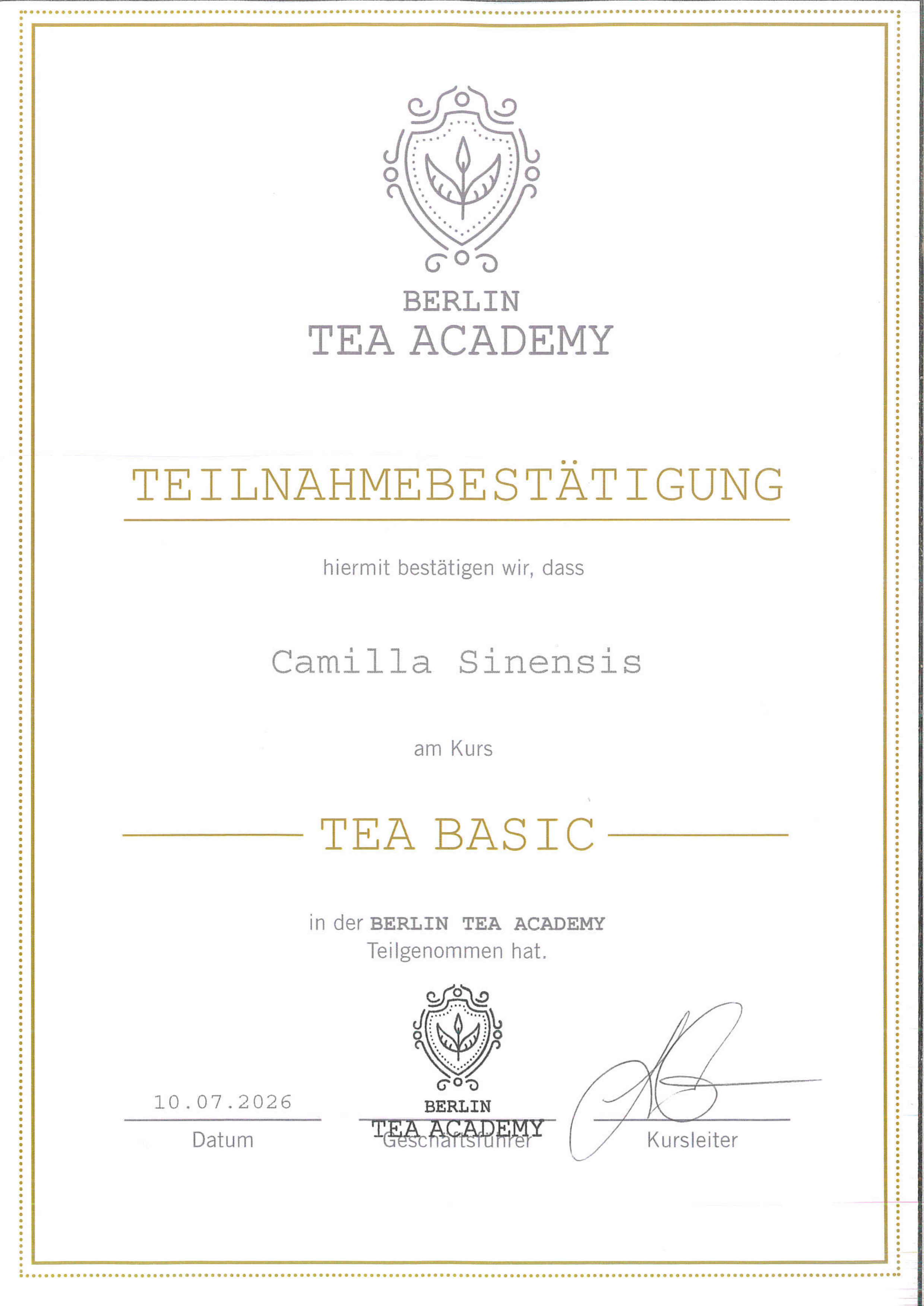 Teilnahmebestätigung Tea Basic der Berlin Tea Academy